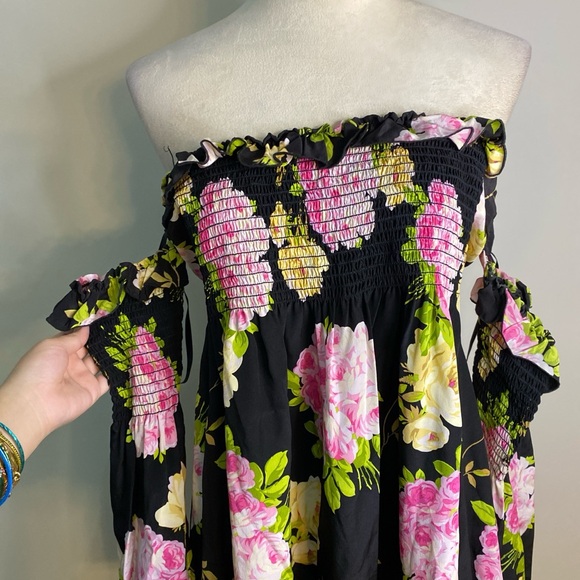 y2k silk Betsey Johnson Floral Smocked Off Shoulder Mini Dress with bell sleeves - Picture 6 of 8